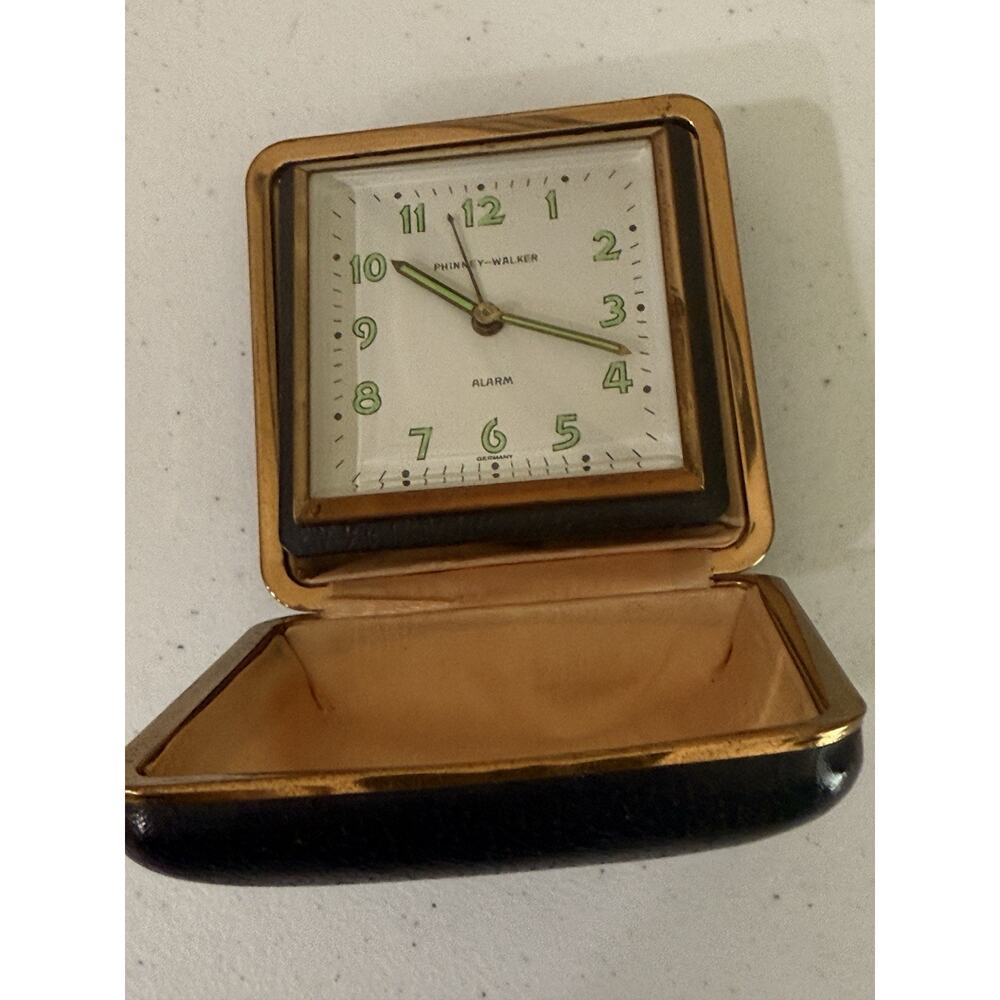 VTG Phinney-Walker Wind-Up Travel Alarm Clock Black Leather Case Made In Germany